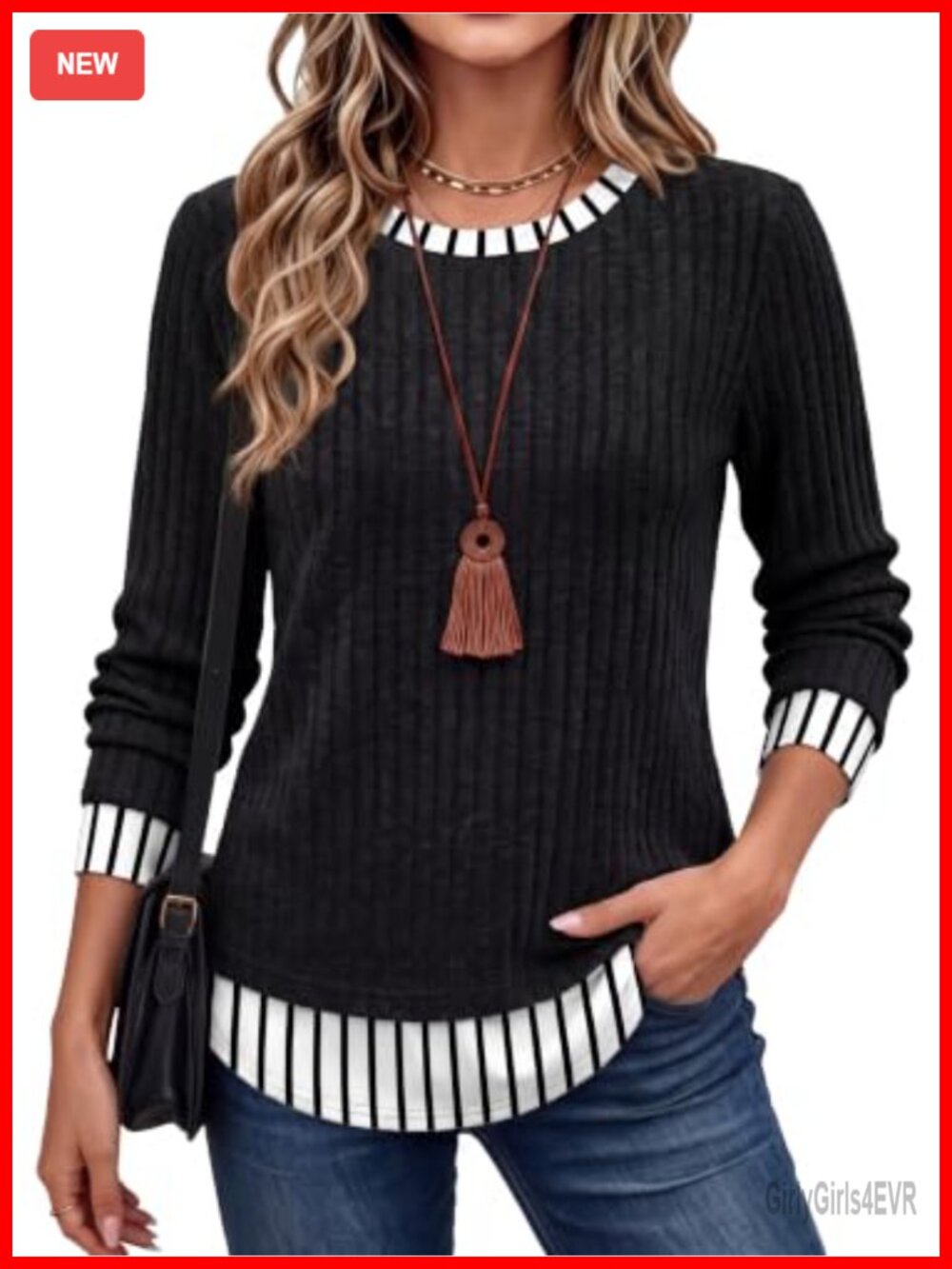 Womens Faux Layer Long Sleeve Tunic Top Lightweight Stretchy Fall Sweater